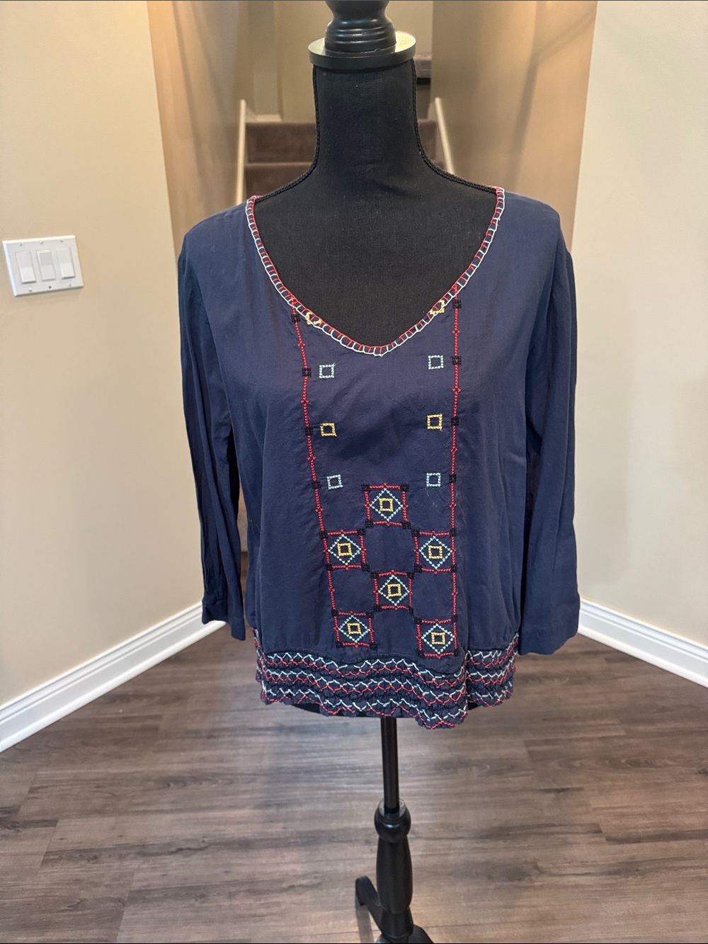 Navy Embroidered Women’s Boho Blouse